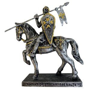 Vintage Cast Metal Medieval Knight on Horseback Figurine Pewter Tone 4"